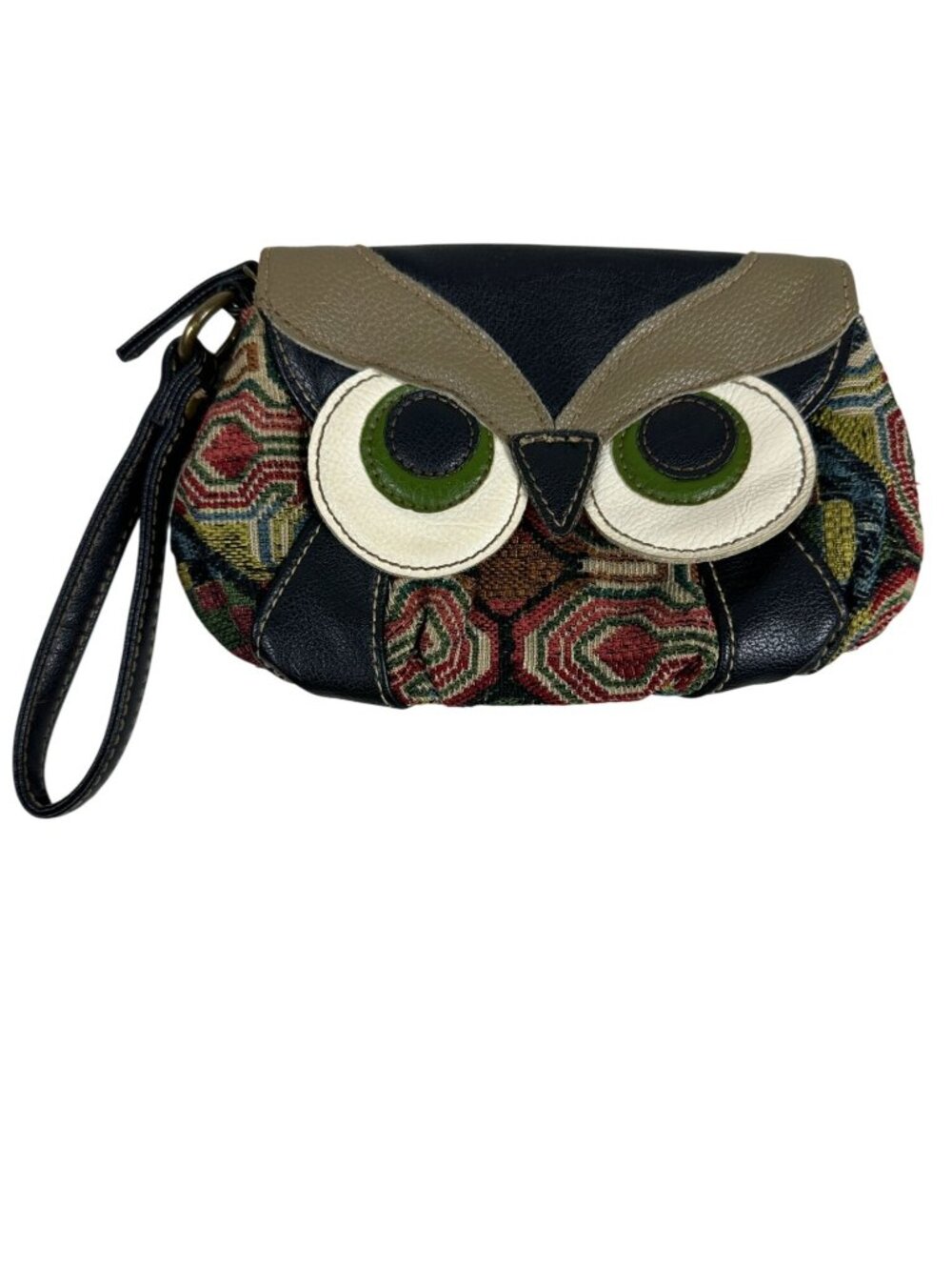 Owl-Themed Wristlet Clutch Tapestry Design Faux Leather Accents Multicolor